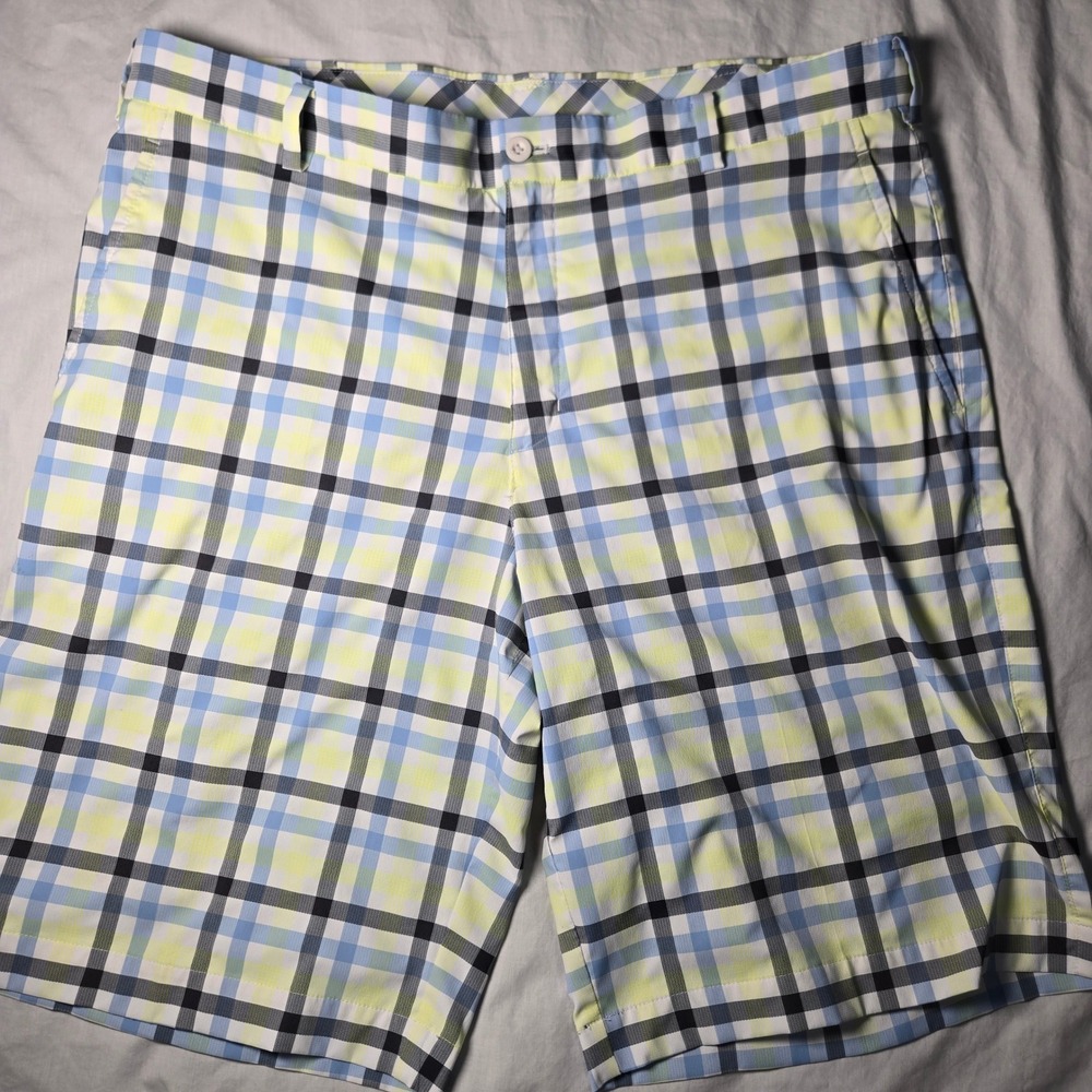 Nike Golf Dri-FIT Plaid Shorts Mens 36 Blue Lime Green White Black Checkered